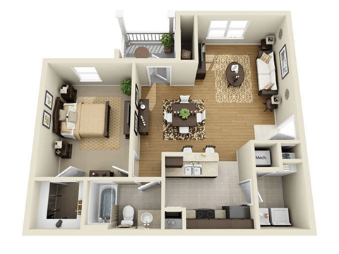 A 3D floor plan of a house showing a kitchen, living room, dining room, and bathroom.